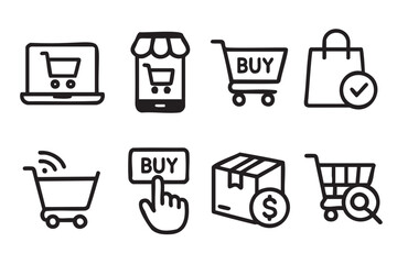 Simple black outline icons depicting various online shopping and ecommerce concepts, including carts, mobile devices, and purchase symbols.