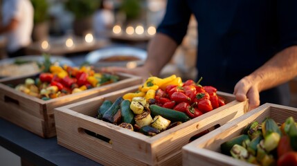 Corporate team-building event with Moroccan facilitator arranging harissa peppers and zucchini in wooden crates for cooking challenges, collaborative organic produce, team vegetable harvest,