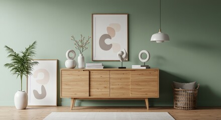 Obraz premium A well-lit, modern living room with sage green walls, wooden furniture, artwork, decorative objects, a plant, and a wicker basket