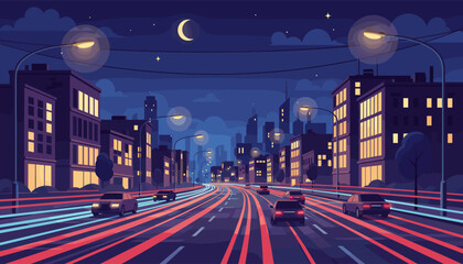Vibrant cityscape at night, featuring a multi-lane highway with streaks of light from moving cars, illuminated buildings with glowing windows, streetlights casting warm glows, and a crescent moon in