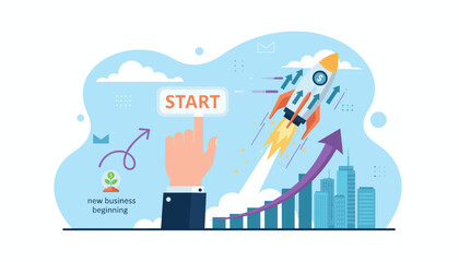 Vibrant flat illustration depicting the launch of a startup business, with a hand pressing the 'START' button, a rocket soaring upwards, and a growth chart indicating success, symbolizing new