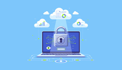 Digital security concept illustration: A laptop displays a prominent padlock, password input field, and an eye icon, symbolizing data protection and access control, connected to cloud storage icons