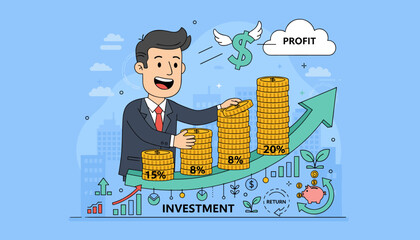 A cheerful businessman stacks coins, symbolizing investment growth and profit, with a soaring dollar sign and a piggy bank indicating financial returns, set against a cityscape backdrop, illustrating