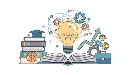 Vibrant illustration of a glowing light bulb symbolizing innovation and creativity, emerging from an open book, surrounded by gears, a graduation cap, a brain, and a rising financial graph with
