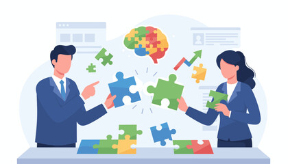 Diverse business professionals collaborating to solve a complex jigsaw puzzle, symbolizing teamwork, partnership, and problem-solving in a modern office setting with a stylized brain graphic