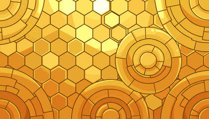 Abstract golden mosaic texture background with hexagonal and circular patterns, evoking a sense of luxury, warmth, and natural geometric beauty, perfect for design projects requiring a rich and