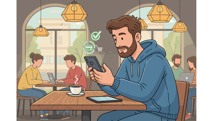Modern man with beard in blue hoodie using smartphone for online payment in cafe, with digital icons of credit card, shopping cart, and checkmark floating above, surrounded by other people working on