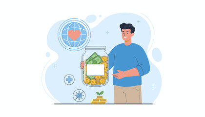 A smiling man holds a glass jar filled with coins and banknotes, symbolizing donation and charity. Icons representing global health, medical aid, and a virus with a prohibition sign are visible