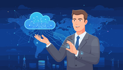 Dynamic illustration of a smiling businessman in a suit presenting a glowing blue cloud computing icon connected by intricate lines and nodes against a backdrop of a digital world map, symbolizing