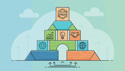 Conceptual illustration of an MBA Master of Business Administration program, depicted as a colorful block tower symbolizing growth, innovation, partnership, and global reach, with upward arrows and