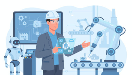 A technical manager in a hard hat and safety glasses interacts with a futuristic holographic interface displaying AI and brain graphics, overseeing a robotic arm and automated factory production line