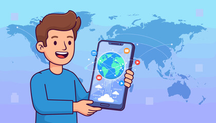 Young man enthusiastically holding a smartphone displaying a glowing globe with social media icons and cloud connections, set against a stylized world map background, symbolizing global connectivity