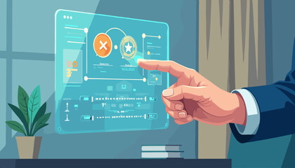 Close-up of a businessman's hand interacting with a futuristic holographic interface, displaying data charts and icons, set against a modern office background with a potted plant and books