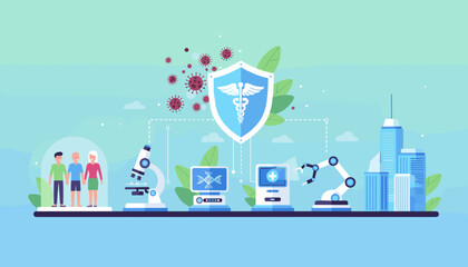 Innovative medical science and technology development for preventing pandemics and protecting people, featuring a shield with caduceus, viruses, microscope, DNA, robotic arm, and cityscape