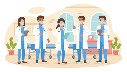 A diverse group of five healthcare professionals, including doctors and nurses, stand together in a hospital setting, wearing face masks and stethoscopes, ready to provide medical care and treatment