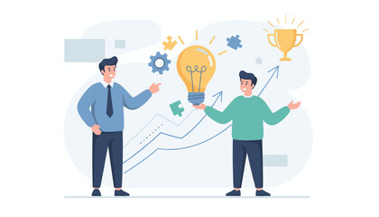Mentor and advisor motivating an employee with a bright idea symbolized by a glowing lightbulb, surrounded by gears, puzzle pieces, and a trophy, representing business growth and success on a graph