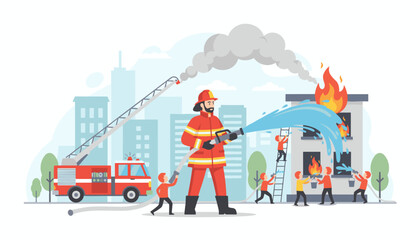 Vivid vector illustration depicting a fire emergency concept with firefighters bravely battling a blaze in a multi-story building, featuring a fire truck with a ladder, water hoses, and smoke