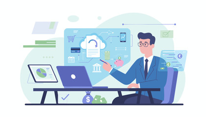 Fototapeta premium Modern digital finance concept with a businessman interacting with cloud-based online invoices, digital statements, and financial data visualizations on screens, highlighting e-invoicing and digital