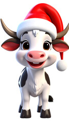 A happy cartoon cow in a red Santa hat, ready to spread holiday cheer with its adorable smile and festive attire.