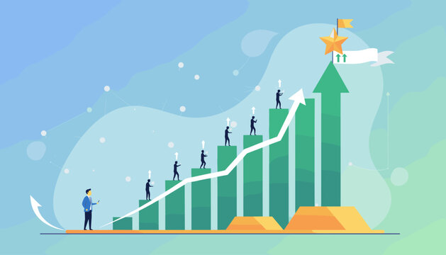 Conceptual illustration of business growth and success, depicting a rising bar chart with silhouetted figures ascending towards a golden star and flag at the summit, symbolizing achievement and - Powered by Adobe