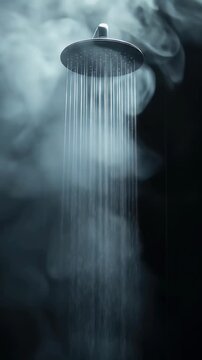 Rainfall shower head emitting clear water streams amidst thick steam on a dark background
