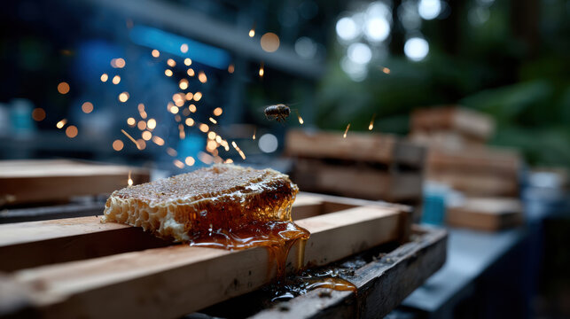 A captivating moment as honey flows from a honeycomb, emphasizing the sweet rewards of beekeeping and the visual beauty present in the natural process of honey collection.