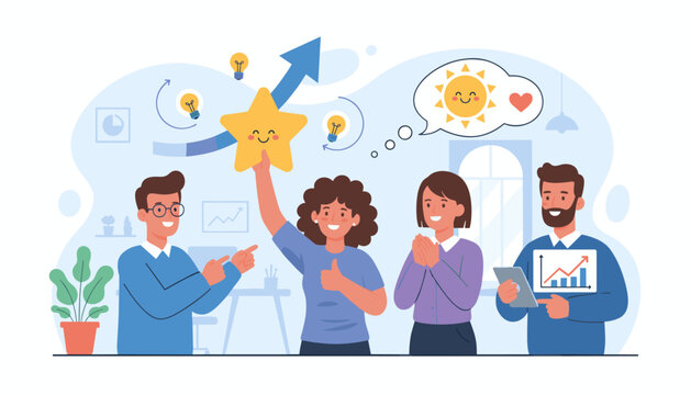 Diverse team celebrating success and workplace happiness with a golden star, thumbs up, and positive feedback, symbolizing achievement, motivation, and excellent performance in a modern office