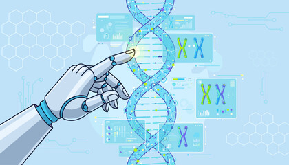 Advanced AI robot hand interacting with a glowing DNA helix, symbolizing genetic research, biotechnology, and the future of science with futuristic interface elements and chromosome displays