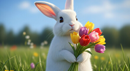 A photorealistic, highly detailed image captures a fluffy, white rabbit standing upright holding a bouquet of brightly colored tulips in a vibrant green meadow under a bright blue sky.