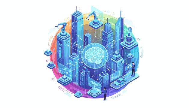 Futuristic AI-powered smart city concept with interconnected buildings, robotic arms, autonomous vehicles, and holographic displays, symbolizing advanced technology and artificial intelligence