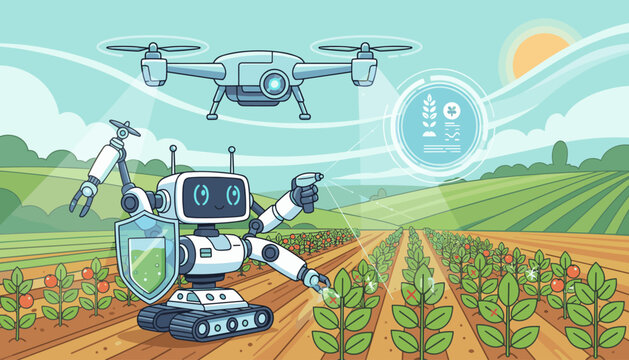 Smart agriculture concept with AI robot and drone monitoring crops, spraying pesticides, and analyzing data for precision farming, showcasing futuristic technology in a vibrant rural landscape under