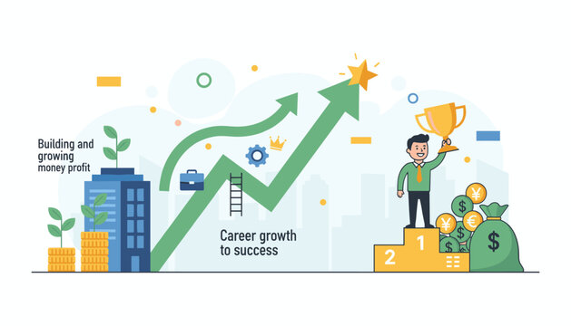 Conceptual illustration of career growth and financial success, featuring a building with plants symbolizing growth, a rising graph, a ladder to success, a briefcase, a trophy, and money bags filled