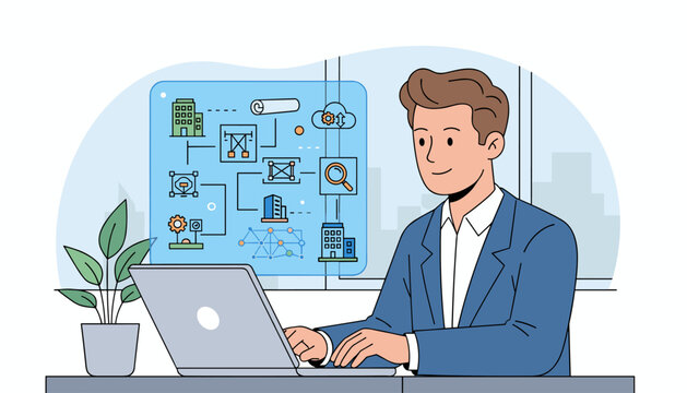 Modern BIM building information modeling technology concept with a smiling businessman working on a laptop, surrounded by digital icons representing architecture, data, cloud, and search, symbolizing