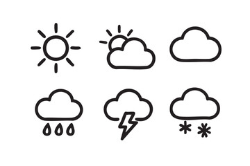 Fototapeta premium Black outline icons depicting various weather conditions, including a sunny sun, partially cloudy sky, cloudy sky, rain cloud, storm cloud, and snow cloud.
