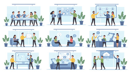 Digital business team concept mega set: Diverse professionals collaborating in modern office spaces, engaging in brainstorming, project management, and technological innovation, showcasing teamwork