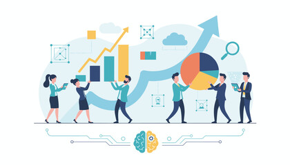 Diverse team of professionals collaborating on data analysis and business growth, constructing charts and pie graphs, symbolizing teamwork, strategy, and technological advancement with a brain