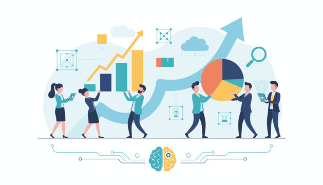 Diverse team of professionals collaborating on data analysis and business growth, constructing charts and pie graphs, symbolizing teamwork, strategy, and technological advancement with a brain