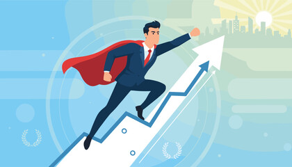 Dynamic illustration of a superhero businessman in a suit and red cape soaring upwards on a rising arrow graph, symbolizing business growth, success, and achievement against a backdrop of a city