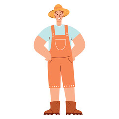 A smiling young Caucasian man wearing a straw hat, blue shirt, and orange overalls stands confidently with hands in pockets. He has brown hair and brown boots.