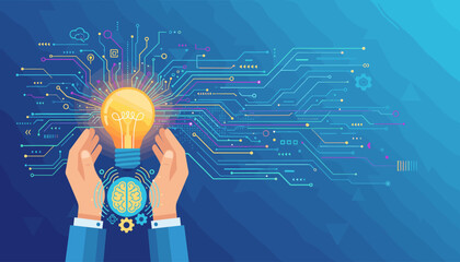 Conceptual illustration of hands cradling a glowing light bulb, symbolizing innovation, creativity, and bright ideas, set against a backdrop of intricate digital circuitry and a stylized brain