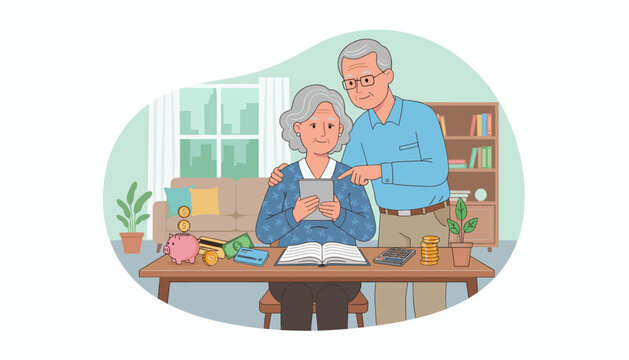 Elderly couple focused on managing home finances together, using a tablet and calculator, surrounded by savings like a piggy bank, coins, banknotes, and credit cards, representing financial planning