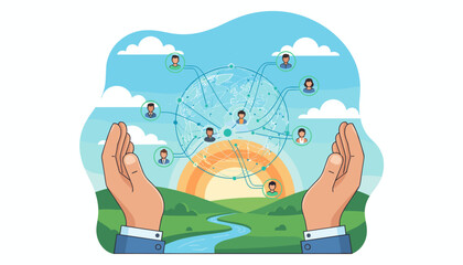 Hands cradling a glowing digital globe connecting diverse people worldwide, symbolizing global network, data sharing, and interconnectedness against a backdrop of a serene landscape with a sunrise