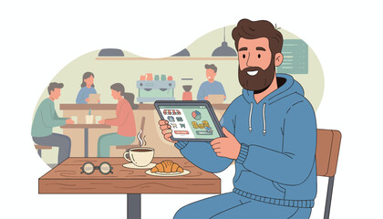 A cheerful bearded man in a blue hoodie sits at a cafe table, engrossed in his tablet, which displays an online shopping interface with product icons, coins, and a pie chart, symbolizing e-commerce