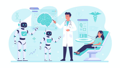 Futuristic medical technology scene with a doctor, AI robots, and a patient undergoing a diagnostic procedure, showcasing advancements in healthcare and artificial intelligence for brain analysis and