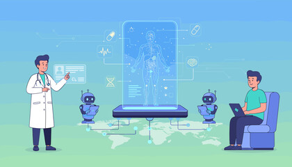 Futuristic digital healthcare concept with a doctor, patient, robots, and AI interface displaying human anatomy and medical data, symbolizing advanced medical technology and innovation in global
