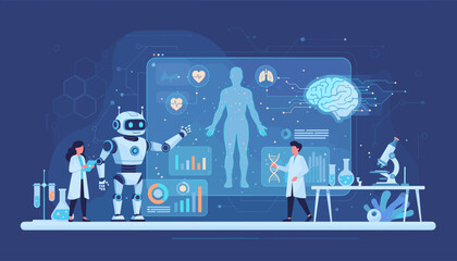 Futuristic medical technology concept: Scientists and a robot collaborate in a high-tech laboratory, analyzing human anatomy, DNA, and brain scans on a holographic display, symbolizing advancements