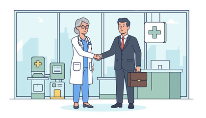 Mature female doctor in white coat and stethoscope shakes hands with a businessman in a suit holding a briefcase, symbolizing a successful partnership in the healthcare industry, set against a modern