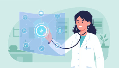 A smiling female doctor in a white coat, wearing a stethoscope, interacts with a futuristic holographic interface displaying medical icons and a heartbeat line, representing advancements in