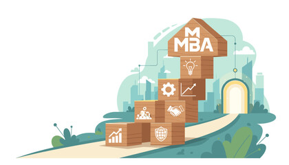 Conceptual illustration of an MBA Master of Business Administration program, symbolizing career growth and success through stacked wooden blocks with business icons, leading to a bright future in a