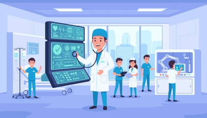 Modern medical team in a high-tech hospital room, featuring a doctor with a stethoscope examining a large futuristic monitor displaying vital signs and data, alongside nurses and technicians working